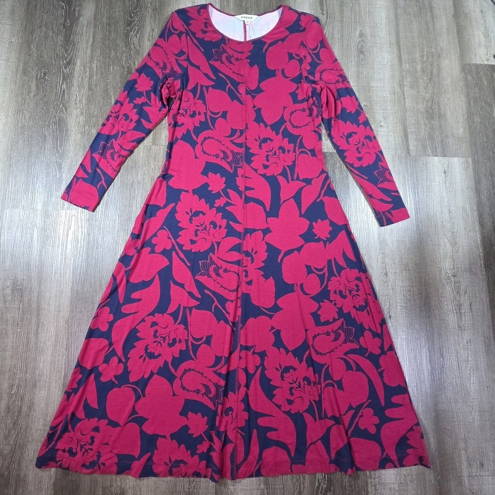 Boden Lucy Jersey Midi Dress Size 14 R Pink Blue Floral Long Sleeve Cottagecore